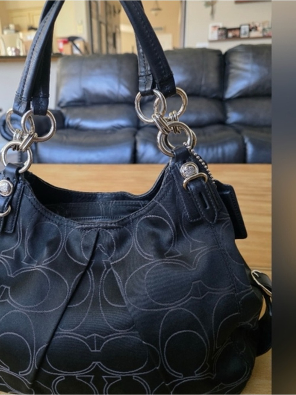 Coach Black Signature Quilted Shoulder Bag with Silver Rings